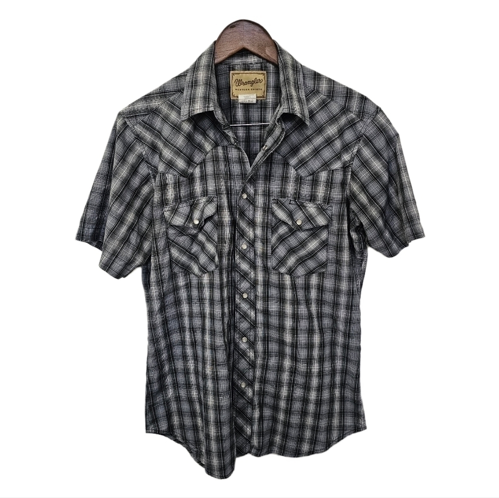 Wrangler Shirt pearl snap grey plaid button short sleeve pocket size medium